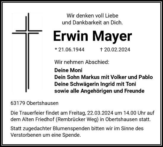 Todesanzeige von Erwin Mayer von OF