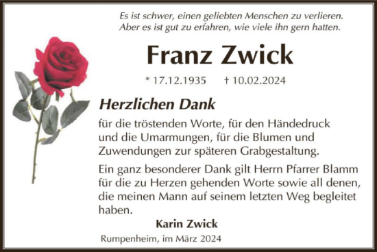 Todesanzeige von Franz Zwick von OF