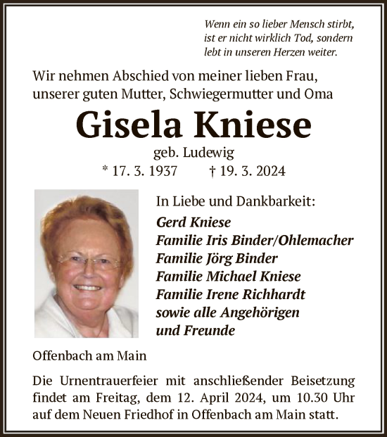 Todesanzeige von Gisela Kniese von OF