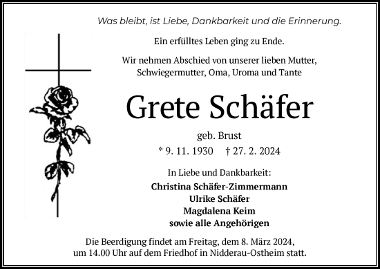 Todesanzeige von Grete Schäfer von OF