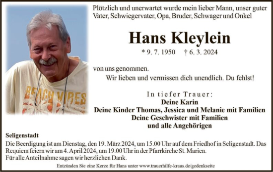 Todesanzeige von Hans Kleylein von OF