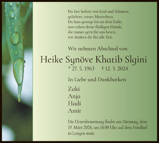 Todesanzeige von Heike Sunöve Khatib Slgini von OF