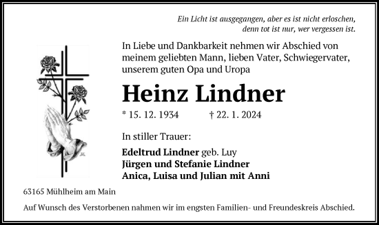 Todesanzeige von Heinz Lindner von OF