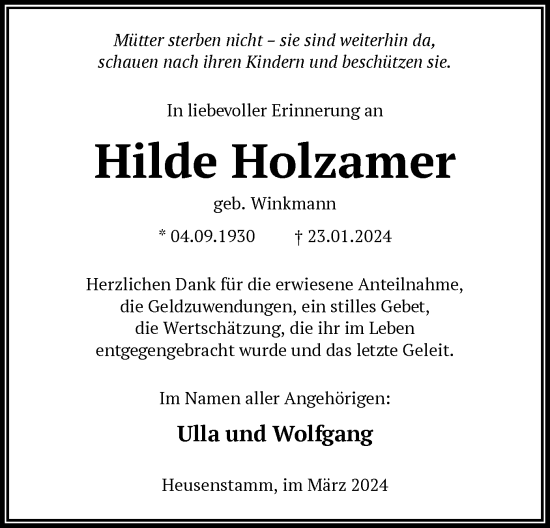 Todesanzeige von Hilde Holzamer von OF