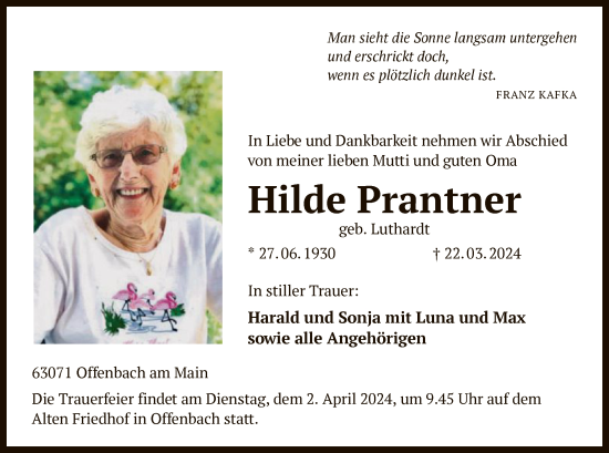 Todesanzeige von Hilde Prantner von OF