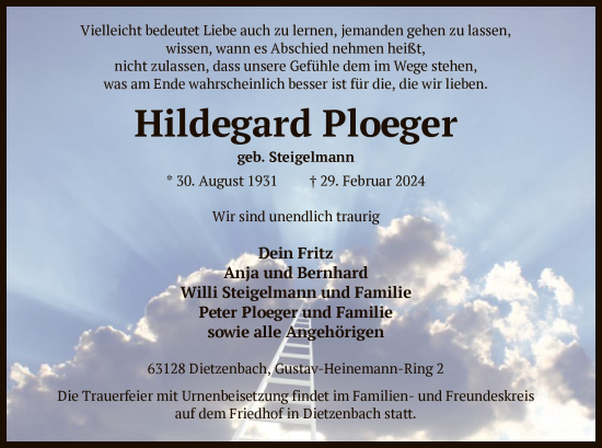 Todesanzeige von Hildegard Ploeger von OF