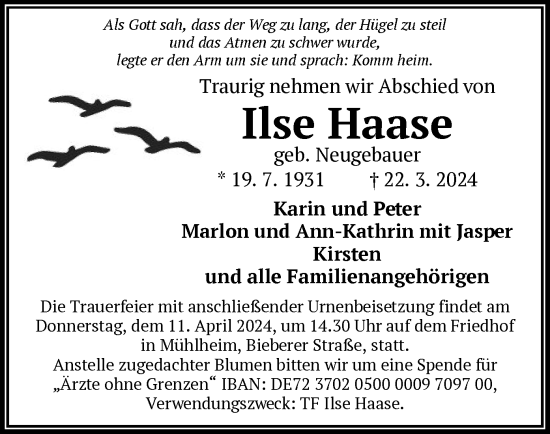 Todesanzeige von Ilse Haase von OF