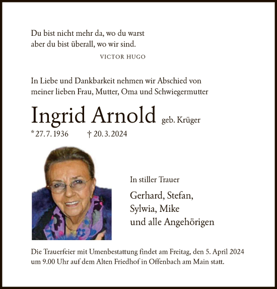 Todesanzeige von Ingrid Arnold von OF