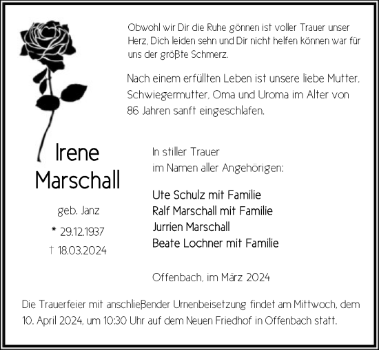 Todesanzeige von Irene Marschall von OF