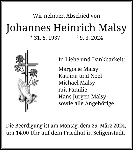 Todesanzeige von Johannes Heinrich Malsy von OF