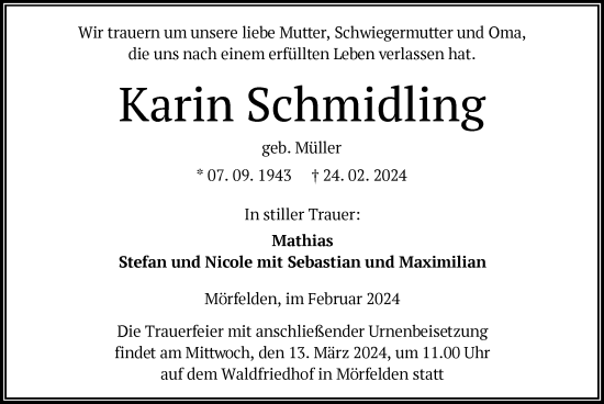 Todesanzeige von Karin Schmidling von OF
