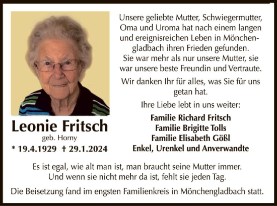 Todesanzeige von Leonie Fritsch von OF