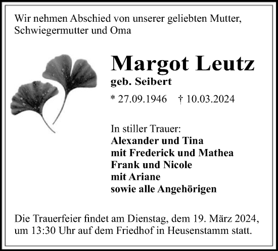 Todesanzeige von Margot Leutz von OF