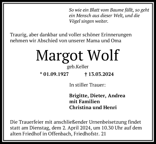 Todesanzeige von Margot Wolf von OF