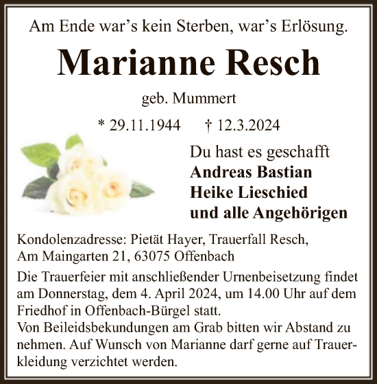 Todesanzeige von Marianne Resch von OF