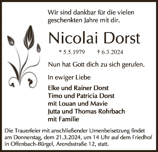 Todesanzeige von Nicolai Dorst von OF