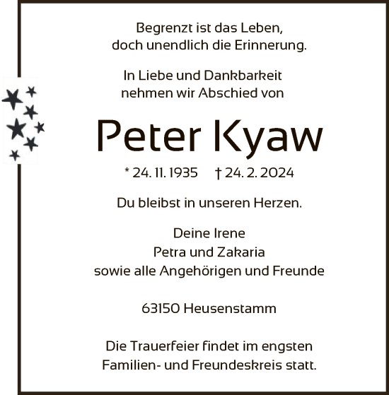 Todesanzeige von Peter Kyaw von OFOF