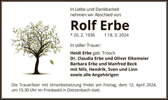 Todesanzeige von Rolf Erbe von OF
