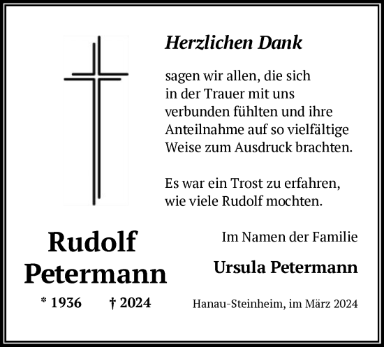 Todesanzeige von Rudolf Petermann von OF