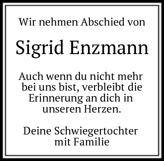 Todesanzeige von Sigrid Enzmann von OF