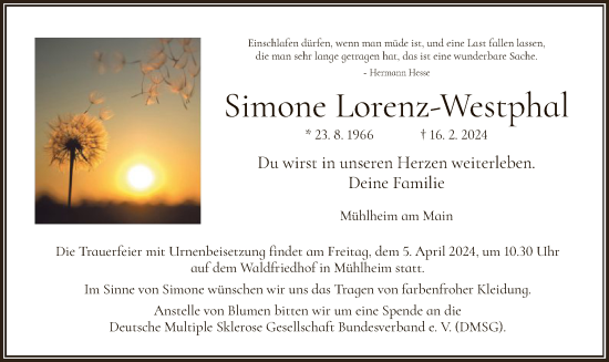 Todesanzeige von Simone Lorenz-Westphal von OF