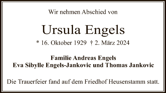 Todesanzeige von Ursula Engels von OF