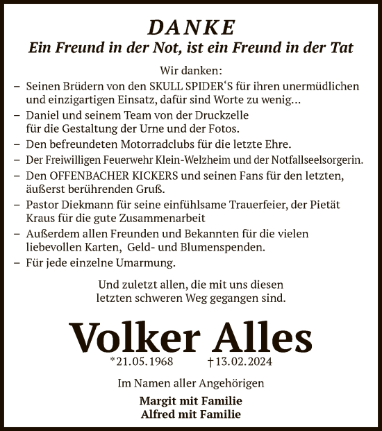 Todesanzeige von Volker Alles von OF