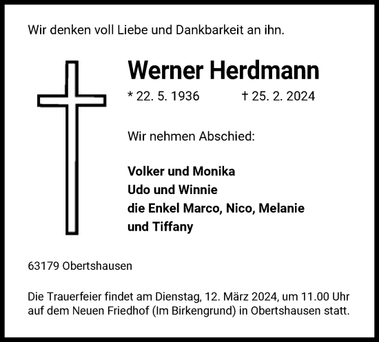 Todesanzeige von Werner Herdmann von OF