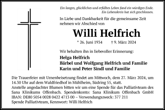 Todesanzeige von Willi Helfrich von OF