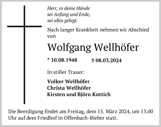 Todesanzeige von Wolfgang Wellhöfer von OF
