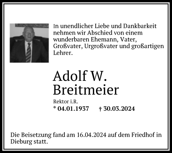 Todesanzeige von Adolf W. Breitmeier von OF