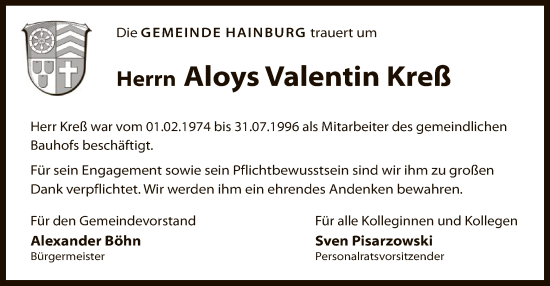 Todesanzeige von Aloys Valentin Kreß von OF