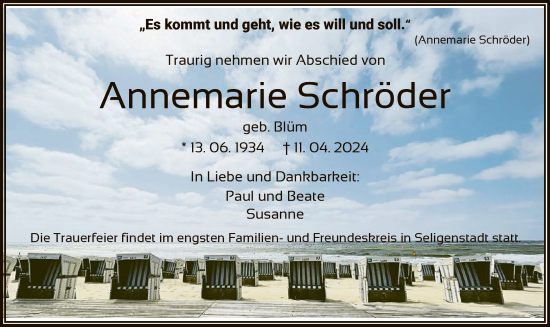 Todesanzeige von Annemarie Schröder von OF