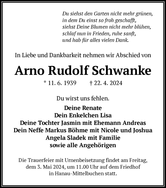 Todesanzeige von Arno Rudolf Schwanke von OF