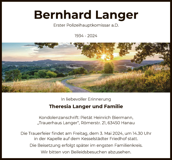 Todesanzeige von Bernhard Langer von OF
