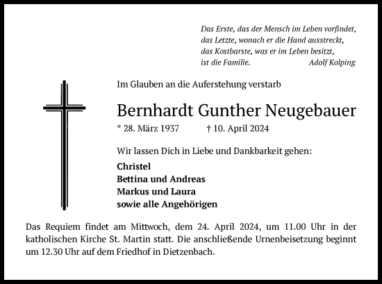 Todesanzeige von Bernhardt Gunther Neugebauer von OF