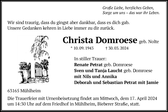 Todesanzeige von Christa Domroese von OF