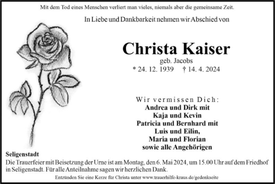 Todesanzeige von Christa Kaiser von OF