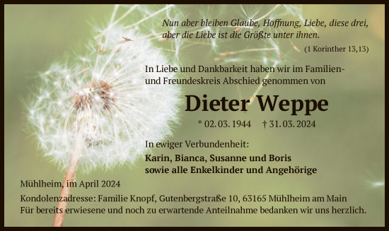 Todesanzeige von Dieter Weppe von OF