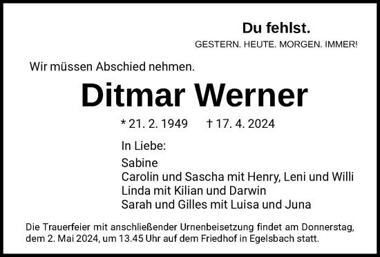 Todesanzeige von Ditmar Werner von OF