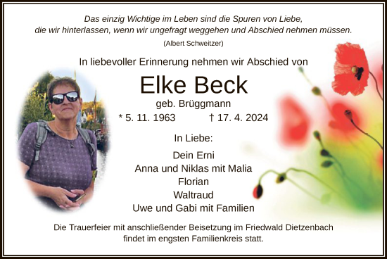 Todesanzeige von Elke Beck von OF