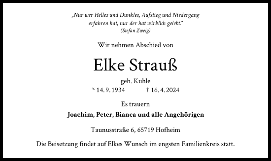 Todesanzeige von Elke Strauß von OF