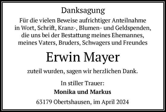 Todesanzeige von Erwin Mayer von OF