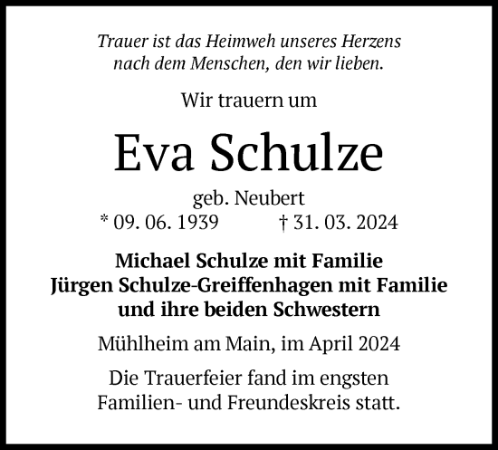 Todesanzeige von Eva Schulze von OF