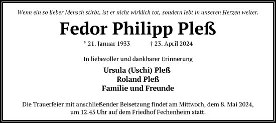 Todesanzeige von Fedor Philipp Pleß von OF