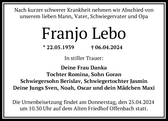 Todesanzeige von Franjo Lebo von OF