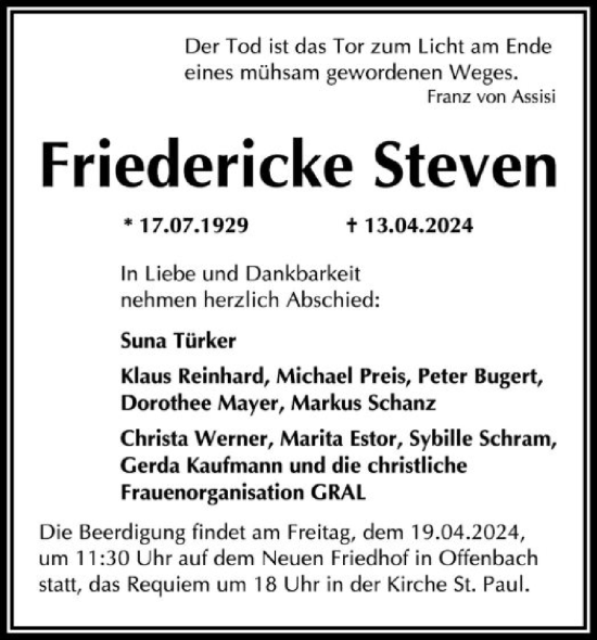 Todesanzeige von Friedericke Steven von OF