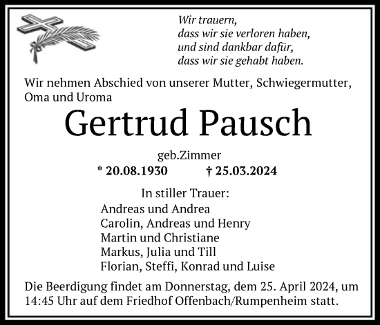 Todesanzeige von Gertrud Pausch von OF