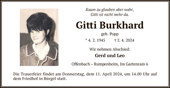 Todesanzeige von Gitti Burkhard von OF