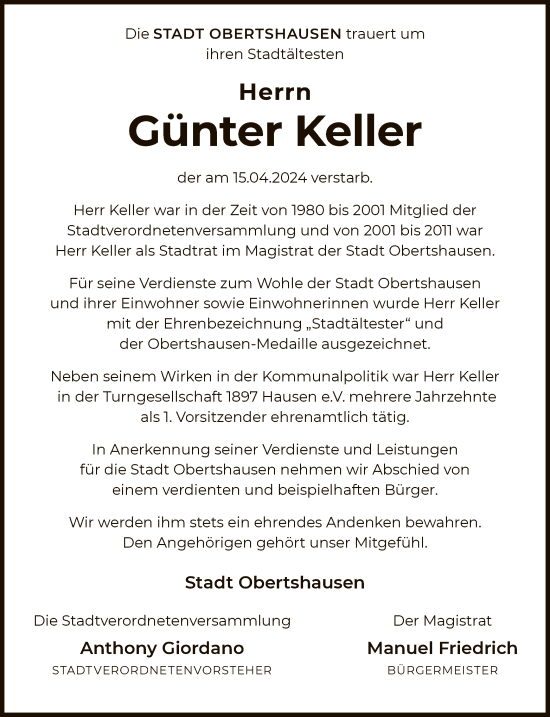 Todesanzeige von Günter Keller von OF